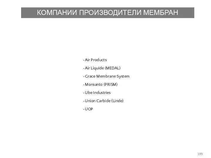 КОМПАНИИ ПРОИЗВОДИТЕЛИ МЕМБРАН Air Products Air Liquide (MEDAL) Grace Membrane