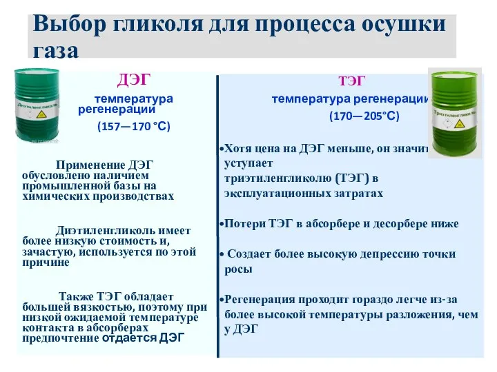 Выбор гликоля для процесса осушки газа ДЭГ температура регенерации (157—170