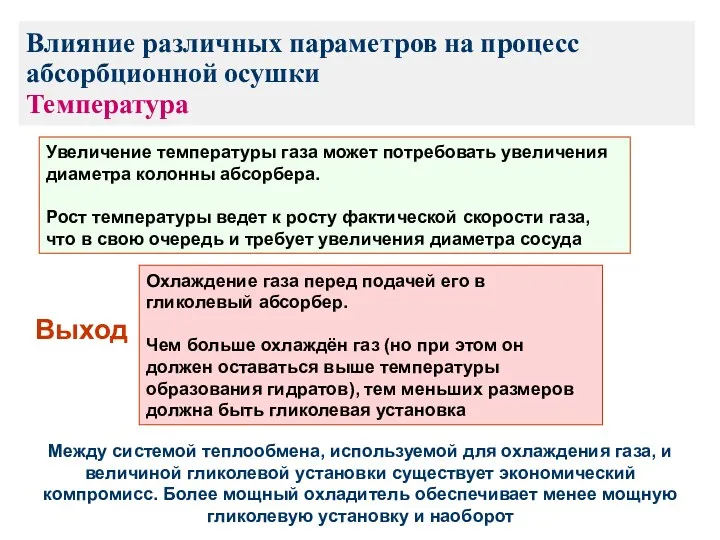 Влияние различных параметров на процесс абсорбционной осушки Температура Увеличение температуры