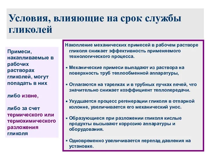 Условия, влияющие на срок службы гликолей Примеси, накапливаемые в рабочих