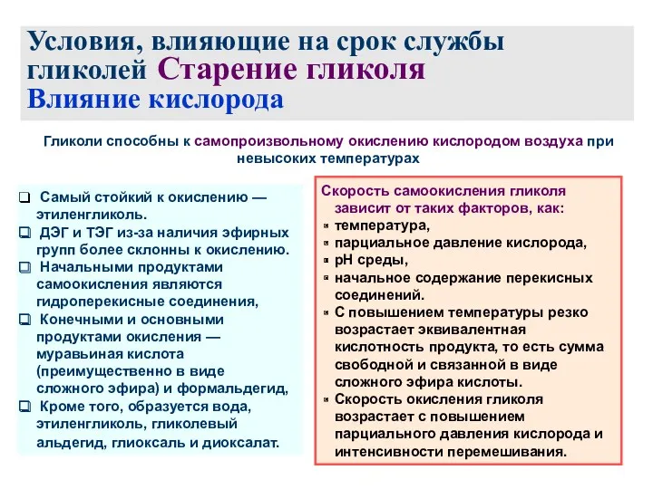 Условия, влияющие на срок службы гликолей Старение гликоля Влияние кислорода