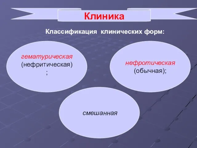 Клиника гематурическая (нефритическая); нефротическая (обычная); Классификация клинических форм: смешанная