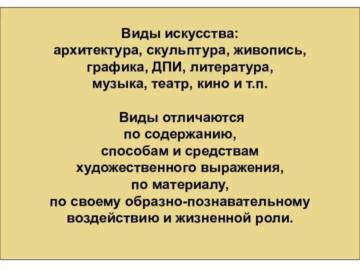 Виды искусства: архитектура, скульптура, живопись, графика, ДПИ, литература, музыка, театр,