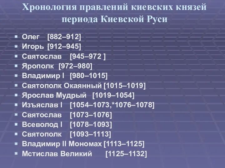 Хронология правлений киевских князей периода Киевской Руси Олег [882–912] Игорь