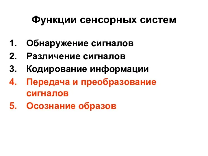 Функции сенсорных систем Обнаружение сигналов Различение сигналов Кодирование информации Передача и преобразование сигналов Осознание образов