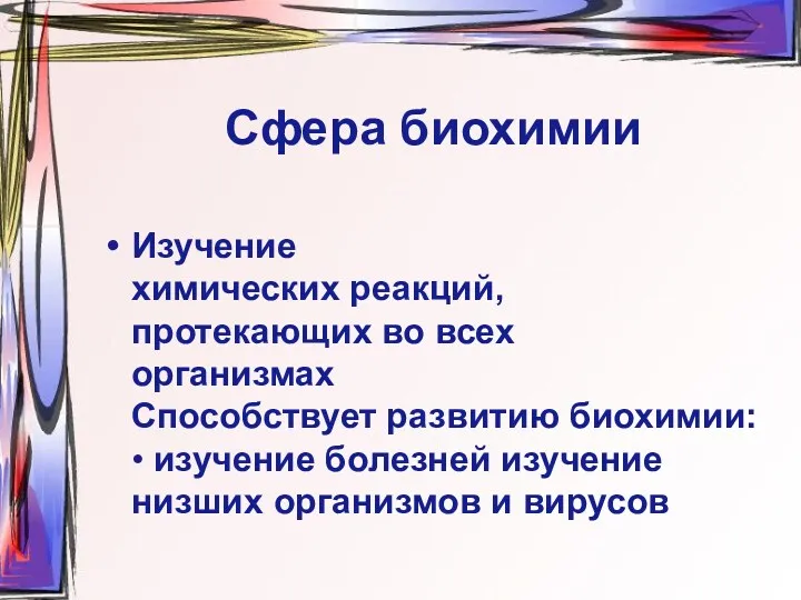 Сфера биохимии Изучение химических реакций, протекающих во всех организмах Способствует