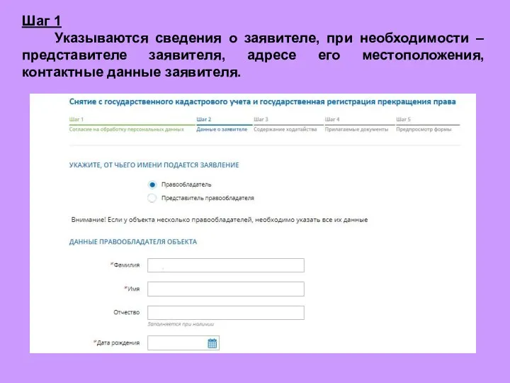 Шаг 1 Указываются сведения о заявителе, при необходимости – представителе