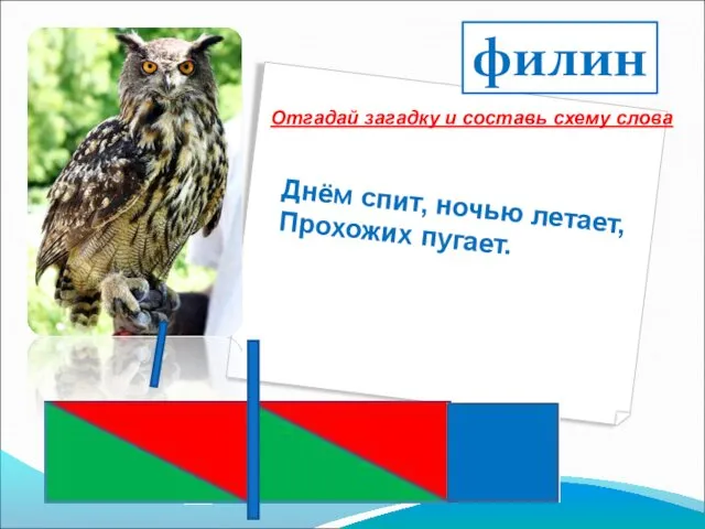 Днём спит, ночью летает, Прохожих пугает. филин Отгадай загадку и составь схему слова