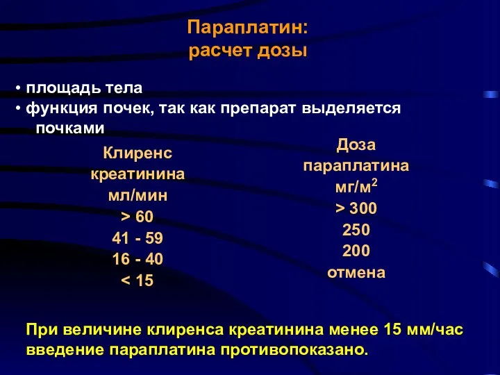 Параплатин: расчет дозы Клиренс креатинина мл/мин > 60 41 - 59 16 -