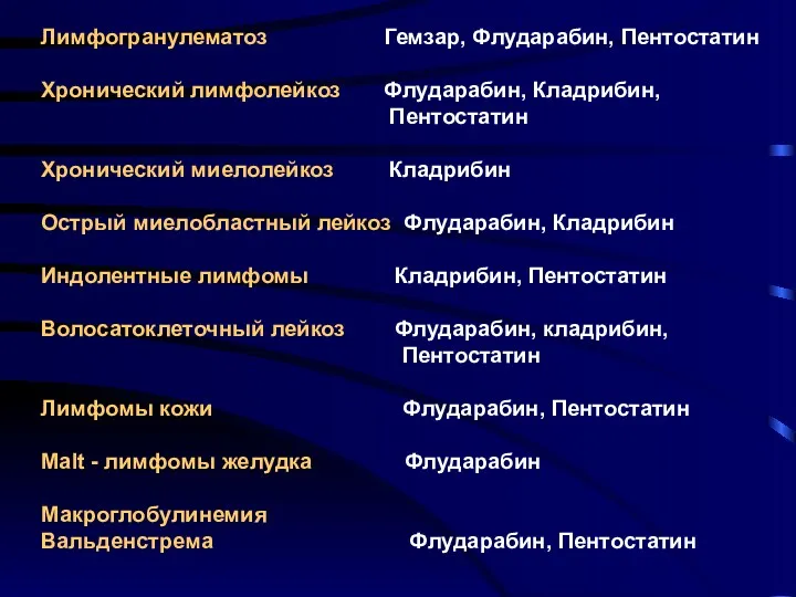 Лимфогранулематоз Гемзар, Флударабин, Пентостатин Хронический лимфолейкоз Флударабин, Кладрибин, Пентостатин Хронический миелолейкоз Кладрибин Острый