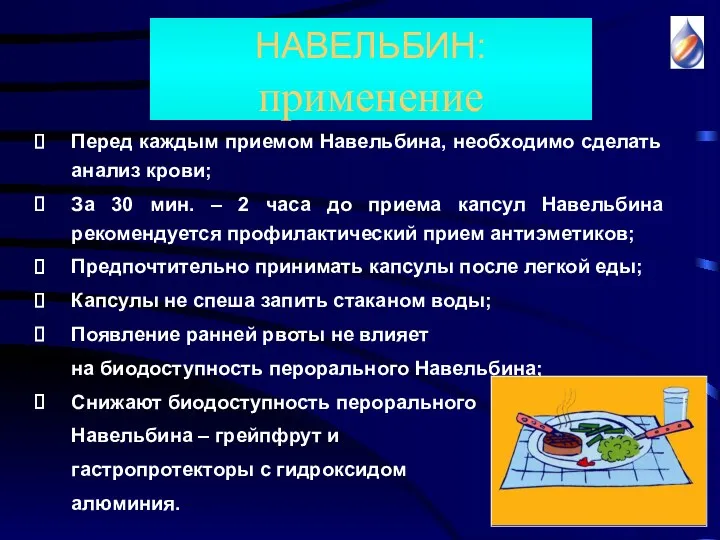 Перед каждым приемом Навельбина, необходимо сделать анализ крови; За 30 мин. – 2