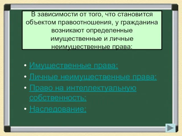 В зависимости от того, что становится объектом правоотношения, у гражданина возникают определенные имущественные