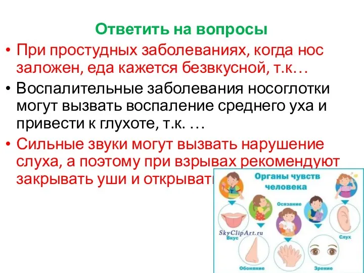 Ответить на вопросы При простудных заболеваниях, когда нос заложен, еда