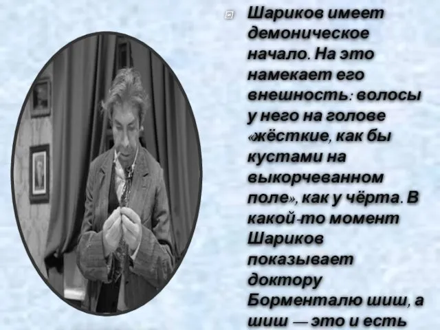 Шариков имеет демоническое начало. На это намекает его внешность: волосы