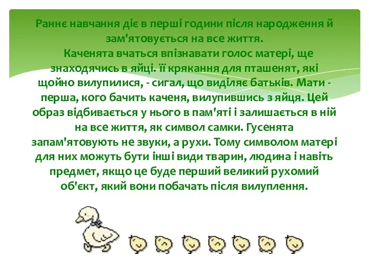 Раннє навчання діє в перші години після народження й зам'ятовується