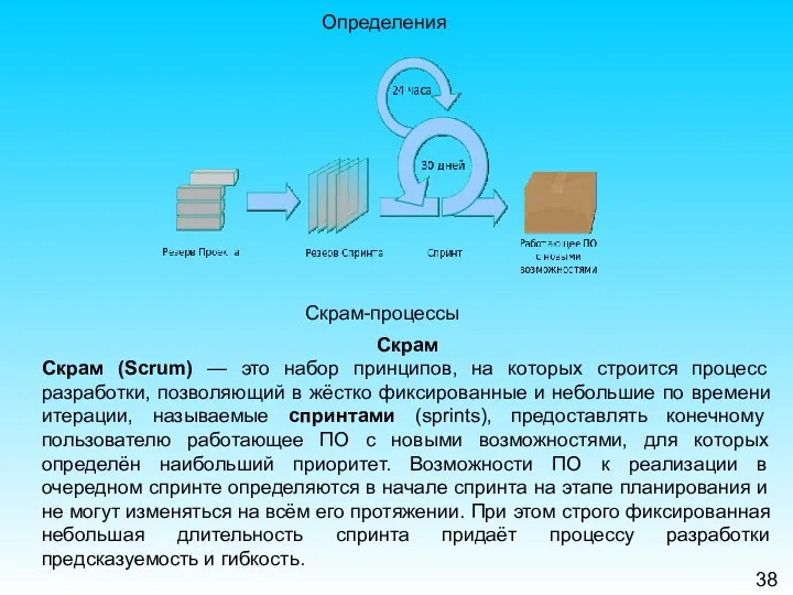 38 Определения Скрам-процессы Скрам Скрам (Scrum) — это набор принципов,