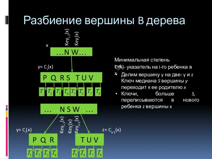 Разбиение вершины B дерева …N W… P Q R S