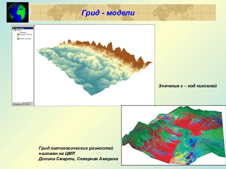 Грид - модели Грид литологических разностей наложен на ЦМР. Долина