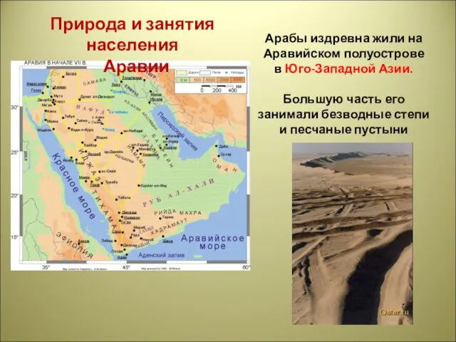 Арабы издревна жили на Аравийском полуострове в Юго-Западной Азии. Большую