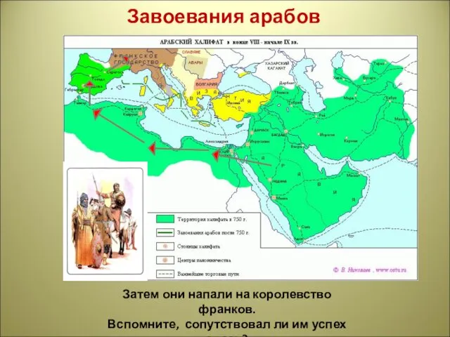 Завоевания арабов Затем они напали на королевство франков. Вспомните, сопутствовал ли им успех здесь?