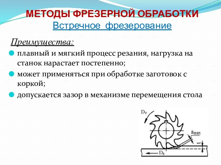 МЕТОДЫ ФРЕЗЕРНОЙ ОБРАБОТКИ Встречное фрезерование Преимущества: плавный и мягкий процесс