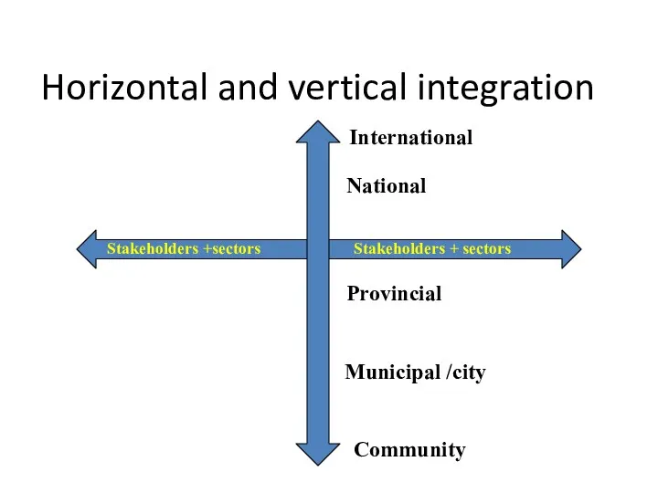 Horizontal and vertical integration National Provincial Municipal /city Stakeholders + sectors International Stakeholders +sectors Community