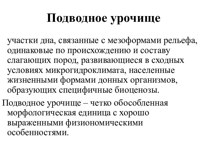 Подводное урочище участки дна, связанные с мезоформами рельефа, одинаковые по