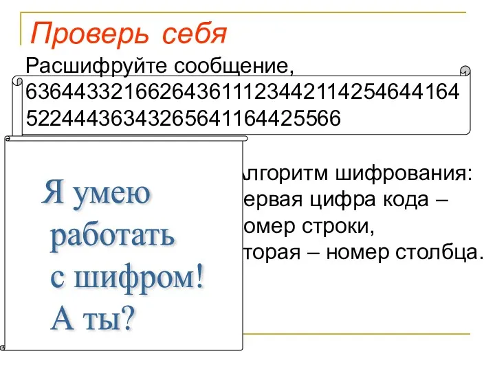 Проверь себя Алгоритм шифрования: первая цифра кода – номер строки, вторая – номер столбца.