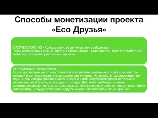 Способы монетизации проекта «Eco Друзья»