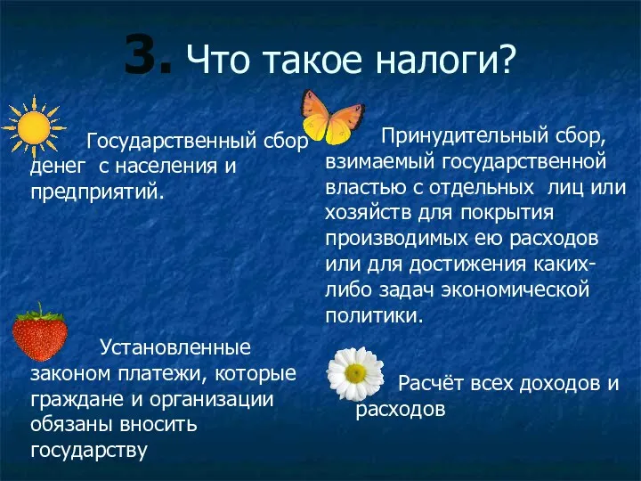 3. Что такое налоги? Государственный сбор денег с населения и предприятий. Принудительный сбор,