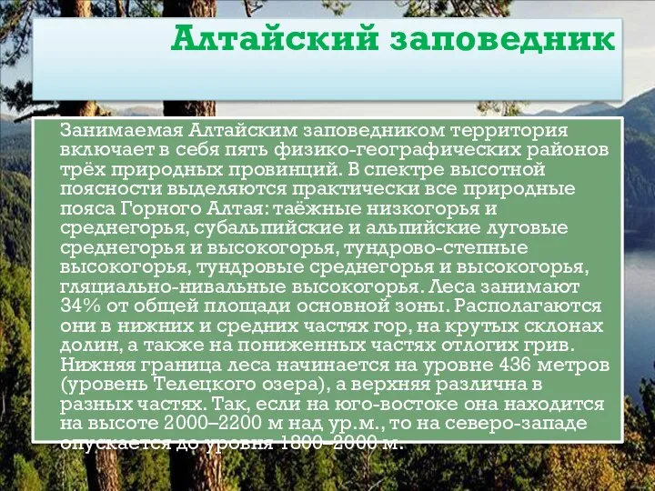 Алтайский заповедник Занимаемая Алтайским заповедником территория включает в себя пять