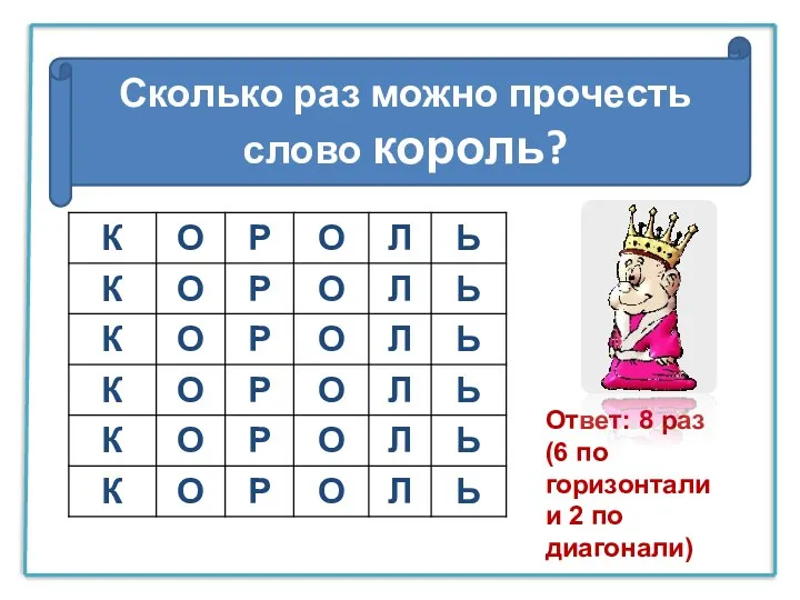 Сколько раз можно прочесть слово король? Ответ: 8 раз (6 по горизонтали и 2 по диагонали)