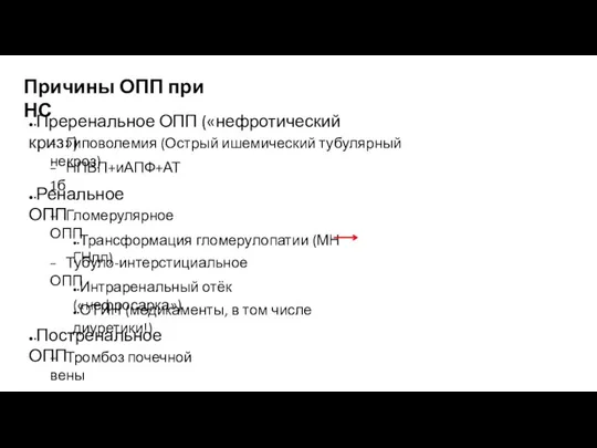 Причины ОПП при НС ●▪Преренальное ОПП («нефротический криз») − Гиповолемия (Острый ишемический тубулярный