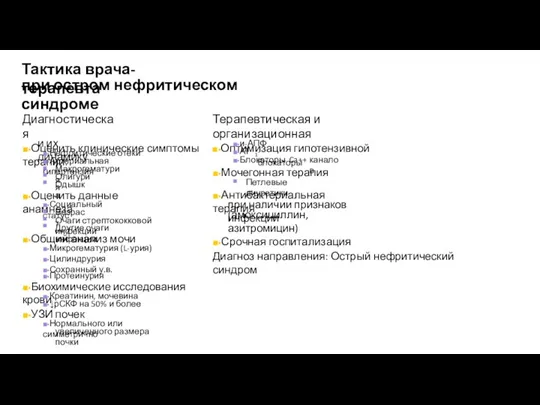 Тактика врача-терапевта при остром нефритическом синдроме Диагностическая Терапевтическая и организационная