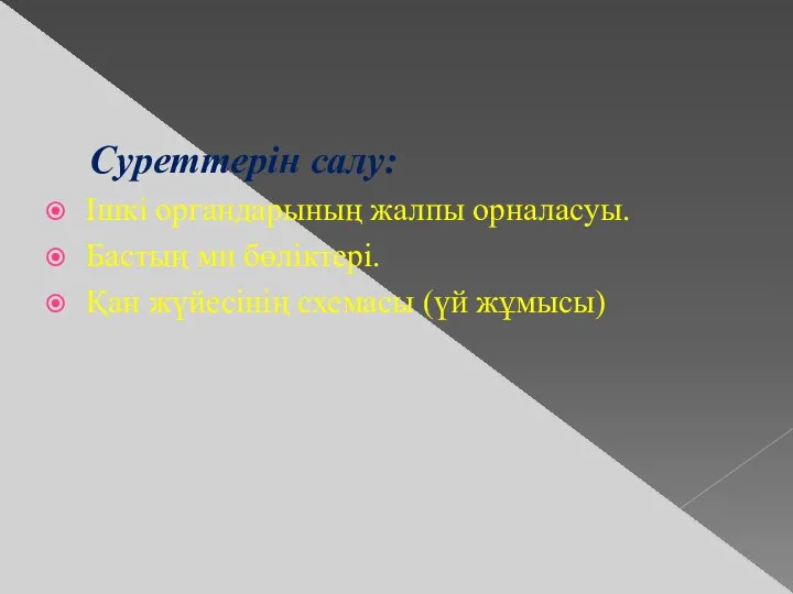 Суреттерін салу: Ішкі органдарының жалпы орналасуы. Бастың ми бөліктері. Қан жүйесінің схемасы (үй жұмысы)