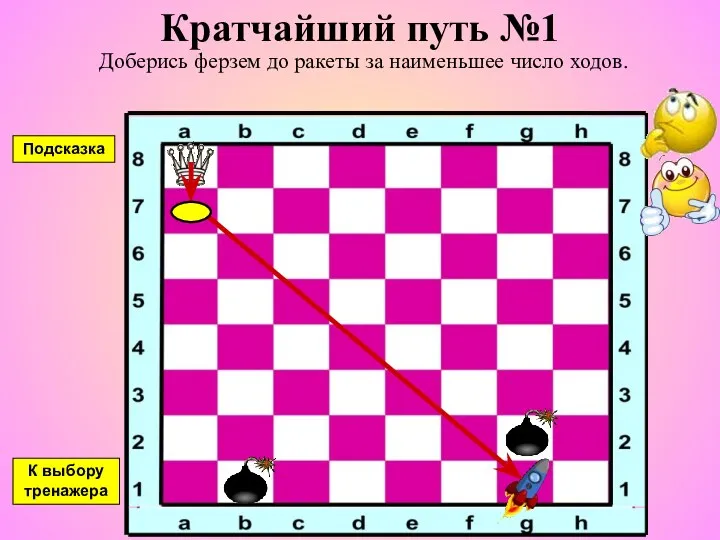 Кратчайший путь №1 Доберись ферзем до ракеты за наименьшее число ходов. К выбору тренажера Подсказка