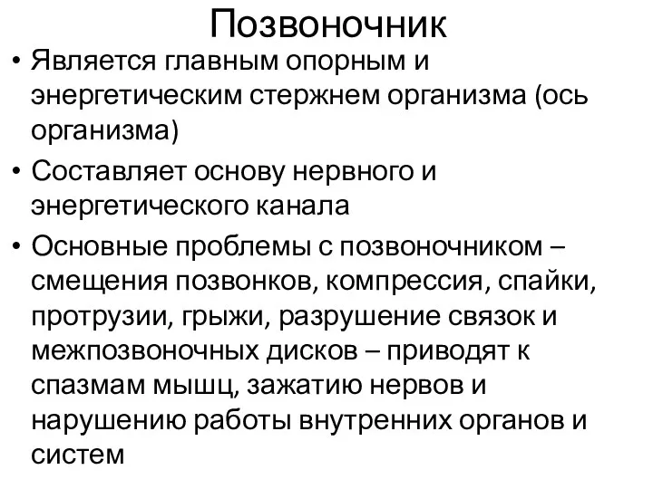 Позвоночник Является главным опорным и энергетическим стержнем организма (ось организма)