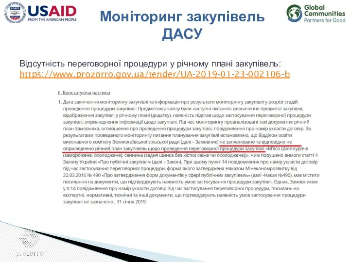 Відсутність переговорної процедури у річному плані закупівель: https://www.prozorro.gov.ua/tender/UA-2019-01-23-002106-b Моніторинг закупівель ДАСУ