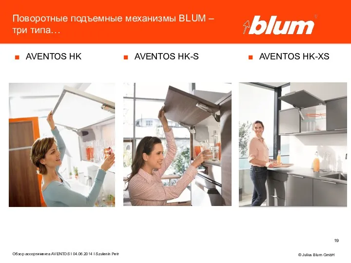 Поворотные подъемные механизмы BLUM – три типа… AVENTOS HK AVENTOS HK-S © Julius