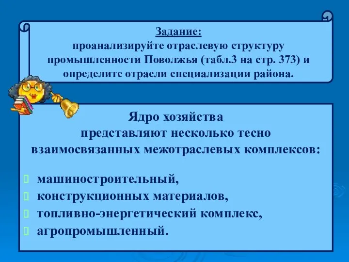 машиностроительный, конструкционных материалов, топливно-энергетический комплекс, агропромышленный. Ядро хозяйства представляют несколько