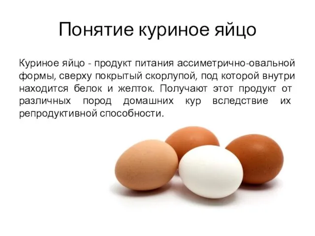 Понятие куриное яйцо Куриное яйцо - продукт питания ассиметрично-овальной формы, сверху покрытый скорлупой,