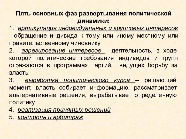 Пять основных фаз развертывания политической динамики: 1. артикуляция индивидуальных и