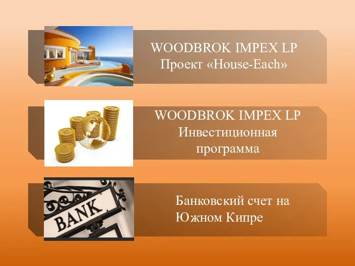 WOODBROK IMPEX LP Проект «House-Each» WOODBROK IMPEX LP Инвестиционная программа Банковский счет на Южном Кипре