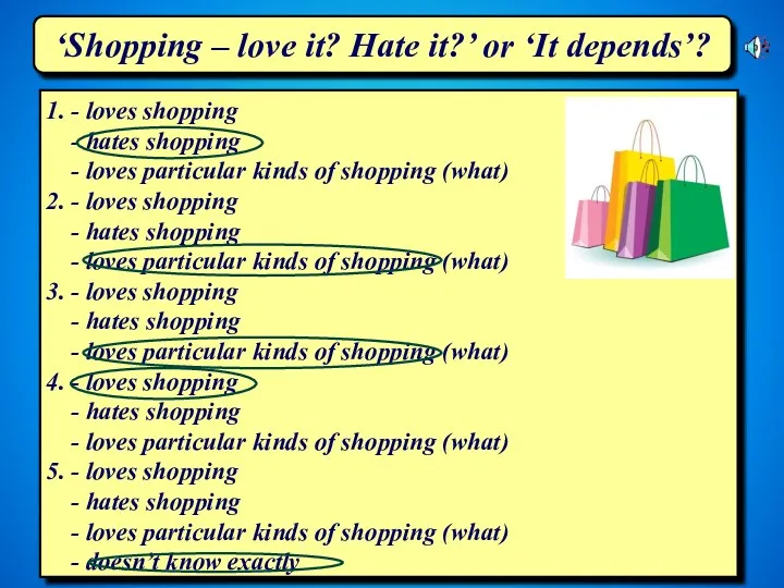 ‘Shopping – love it? Hate it?’ or ‘It depends’? 1. - loves shopping