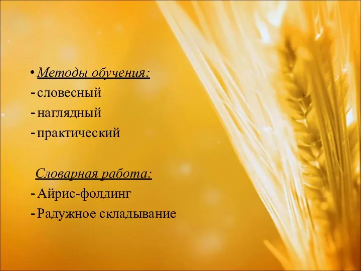 Методы обучения: словесный наглядный практический Словарная работа: Айрис-фолдинг Радужное складывание