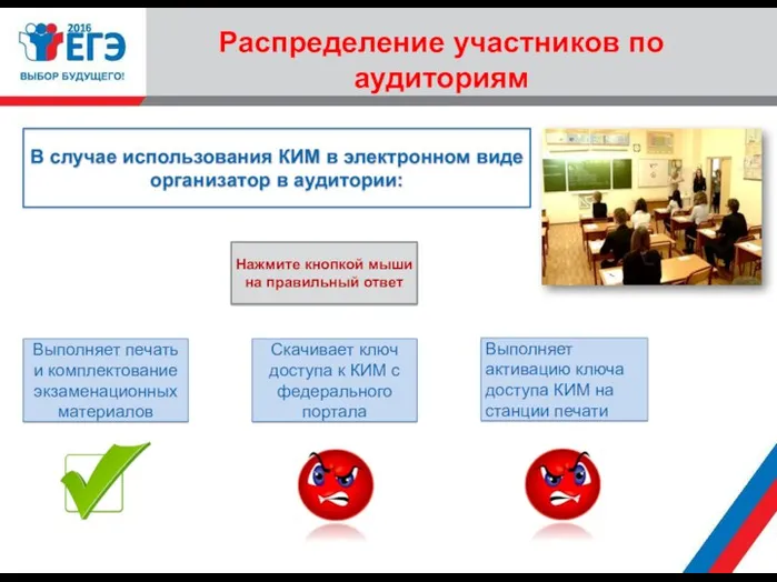 Распределение участников по аудиториям Выполняет печать и комплектование экзаменационных материалов