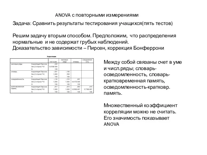 ANOVA с повторными измерениями Задача: Сравнить результаты тестирования учащихся(пять тестов)