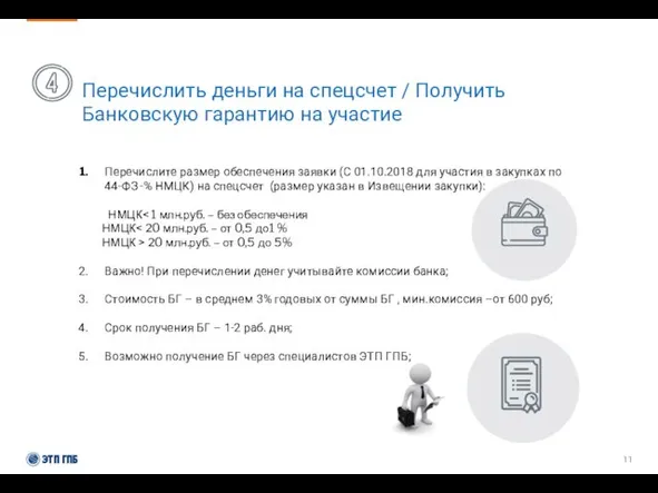 Перечислить деньги на спецсчет / Получить Банковскую гарантию на участие