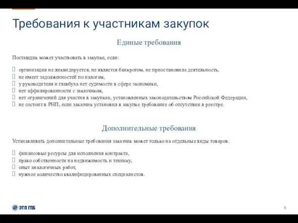 Требования к участникам закупок Единые требования Поставщик может участвовать в