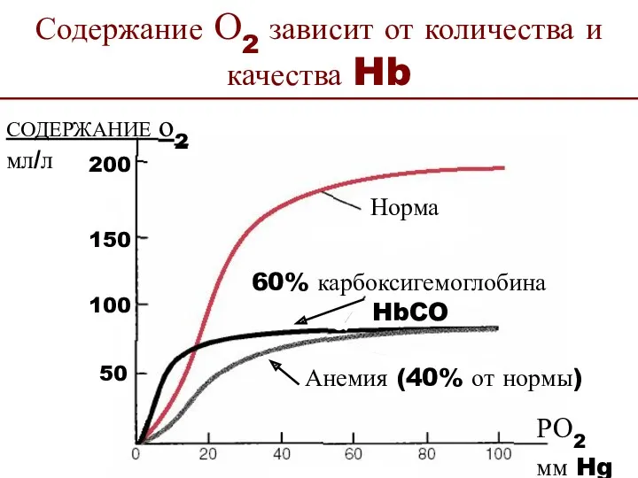 Содержание О2 зависит от количества и качества Hb 50 100 150 200 РО2